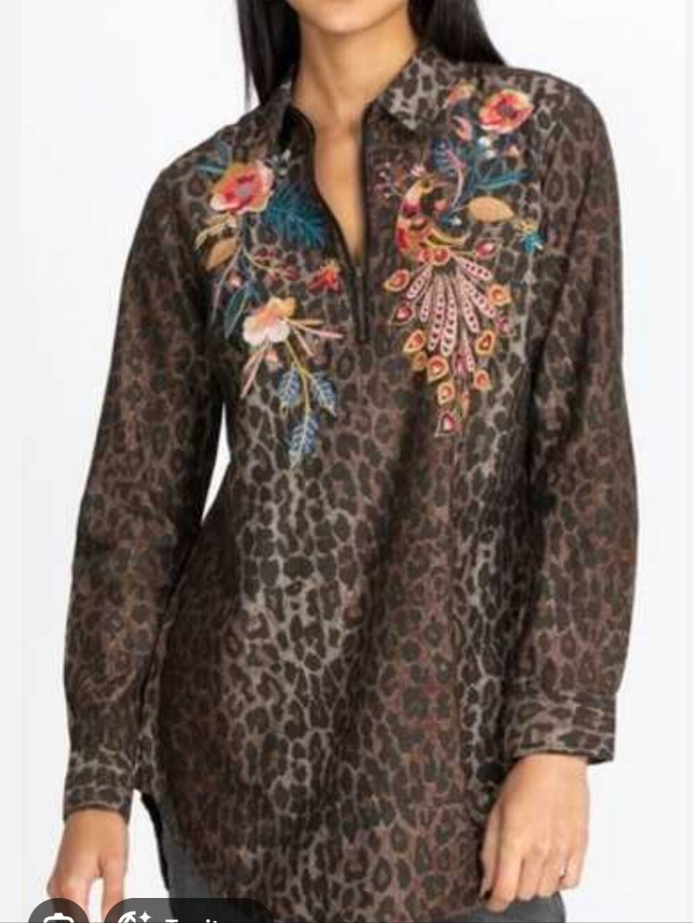 Johnny Was Workshop Shuri Embroidered Leopard 1/2 Zip Tunic Shirt Top Size S